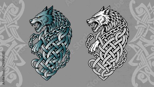 Norse Wolf with Celtic Knotwork, Viking Nordic Tribal Tattoo Illustration