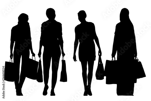 Black silhouettes of a young couple standing and walking with shopping bags, consumer man and woman enjoying retail sale purchase discount activity, isolated on a clean white background.