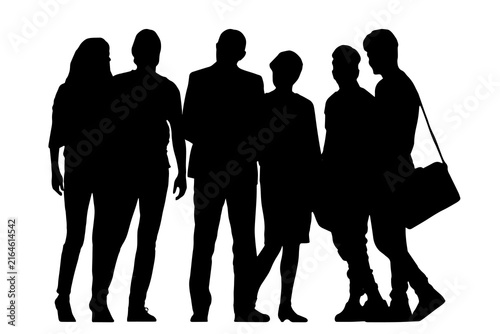 Black silhouettes of diverse groups of young adults standing and socializing together, men and women interacting, communicating and networking, graphic isolated on white background.