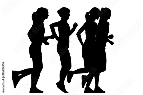 Black silhouettes of diverse people running, jogging and doing fitness stretching exercises, active women training for outdoor sport workout isolated on a clean white background.