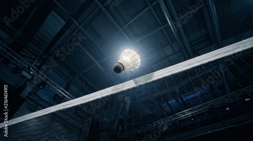 Shuttlecock in Flight Over Badminton Net Shuttlecock Net Sports Indoor Arena Flight Competition. Concept featuring shuttlecock, net, sports, indoor, arena for professional commercial design.
