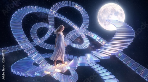 Dreamlike Journey Through Cosmic Stairs Surreal Cosmic Woman Moon Stairs Fantasy Ethereal. Concept featuring surreal, cosmic, woman, moon, stairs for professional commercial design.