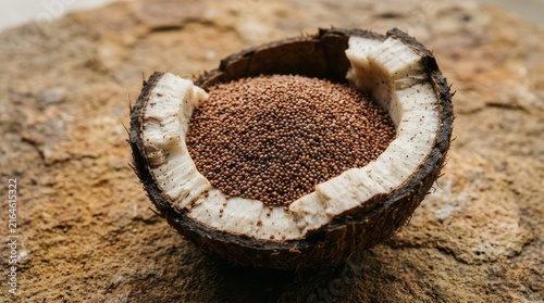 Close-up of Seed Pod with Brown Seeds Brown Seeds Nature Botanical Close-Up Organic Flora Plant. Concept featuring brown seeds, nature, botanical, close-up, organic for professional commercial design.