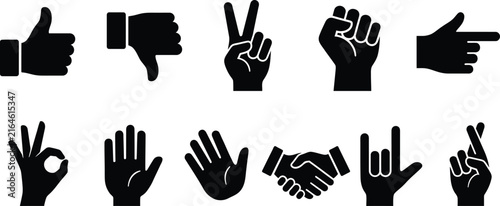 Bild auf Leinwand Set of human hand gestures silhouette icons including thumbs up victory and hand