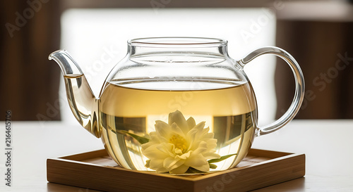 Freshly brewed green tea in a glass pitcher