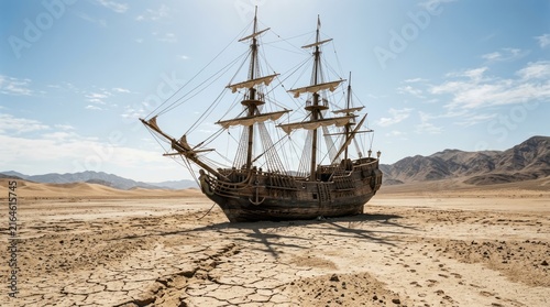 Abandoned Ship in Desert Landscape