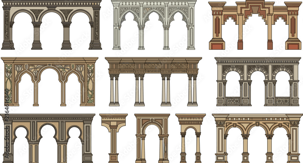 Fototapeta premium Collection of historical architectural arches and colonnades