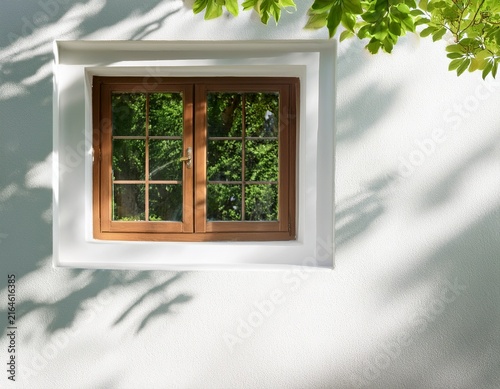 sunlight light and shadow of window frame and tree leaves on white wall