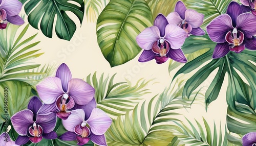tropical seamless pattern with watercolor purple orchids green monstera leaves and palm fronds on a light creamy background