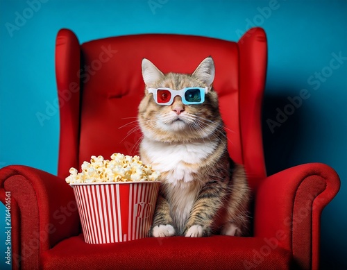 banner with cat watching 3d movie with popcorn sitting in red armchair