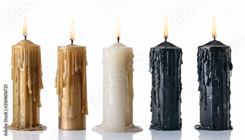 gothic pillar candles progression from unlit to melted isolated on white background