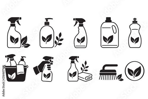 Eco friendly cleaning products icon set