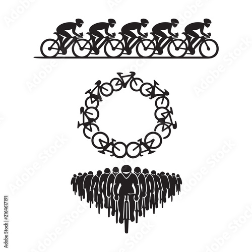 Black silhouette icons of cyclists and bicycles