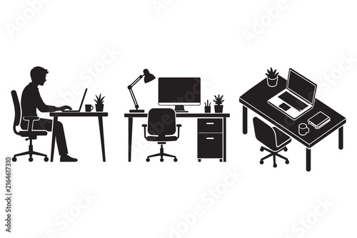 Black silhouette icons of people working at office desks