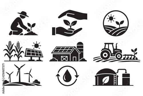 Set of black farming and sustainable energy icons