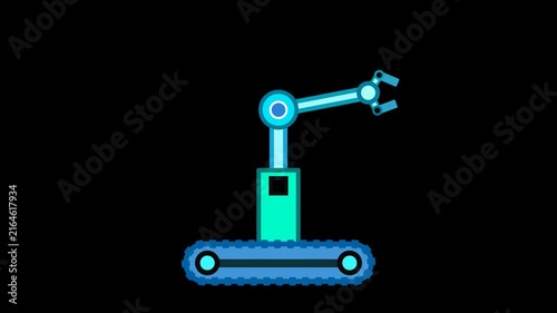 Cartoon Industrial robot arm factory automation animation with Alpha Channel transparent background loop 4K.