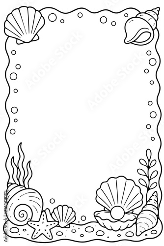 Sea shell frame illustration with ocean elements for children coloring book pages and creative design projects