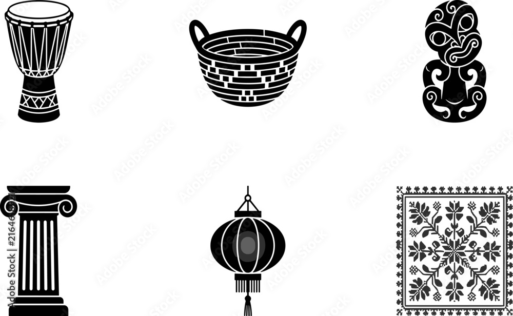 Naklejka premium World Culture Heritage Icon Set Featuring Traditional Drum Basket Sculpture Classical Column Lantern and Ornamental Folk Textile Symbols for Travel Tourism Designs