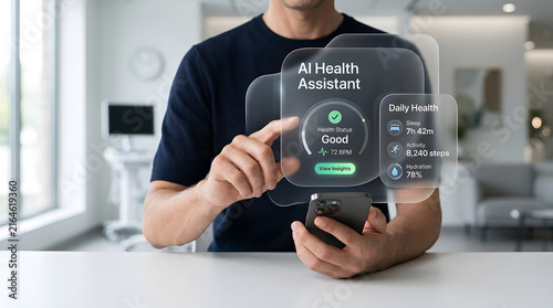 Person using a smartphone with a floating digital AI health assistant interface in an office