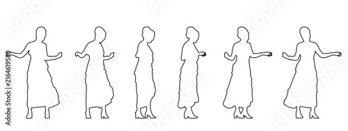 Vector concept conceptual black silhouette of a woman in a dress dancing  from different perspectives isolated on white. A metaphor for expression, relaxation, leisure and lifestyle