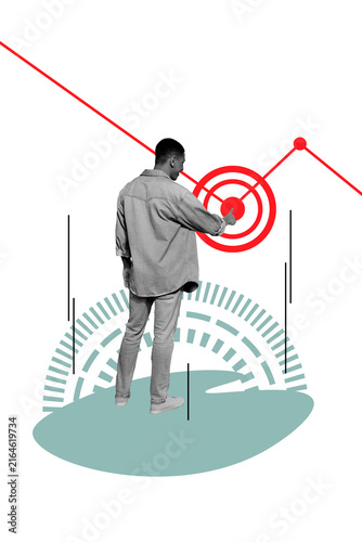 Obraz na płótnie Creative trend collage of man analysis darts target analysis abundance achieveme