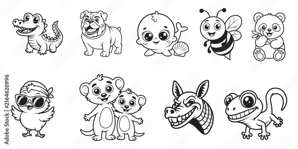 Obraz premium Cute Animal Doodle Coloring Collection with Puppy Cat Bunny Bear Elephant Crocodile and Cartoon Characters