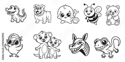 Cute Animal Doodle Coloring Collection with Puppy Cat Bunny Bear Elephant Crocodile and Cartoon Characters