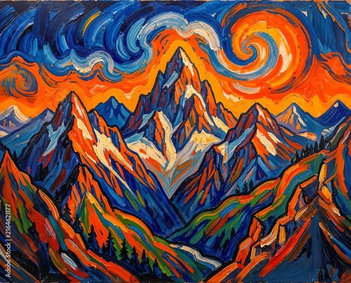 Colorful artistic oil painting of sunset among high mountain peaks in expressionist style.