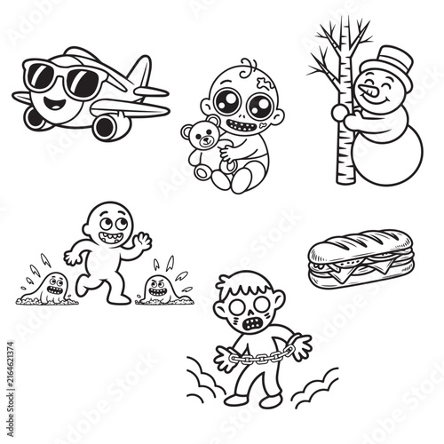 Cute Kids Doodle Coloring Illustrations Set with Snowman Dinosaur Airplane Baby Monster and Sandwich