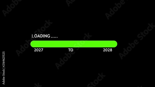 Green loading progress bar showing transition from year 2027 to 2028 on black background.