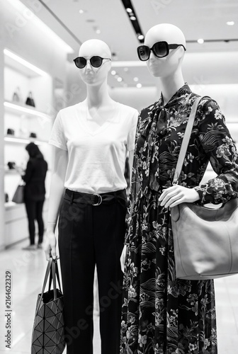Black and white photo of two female fashion mannequins wearing sunglasses and stylish clothing in a retail boutique