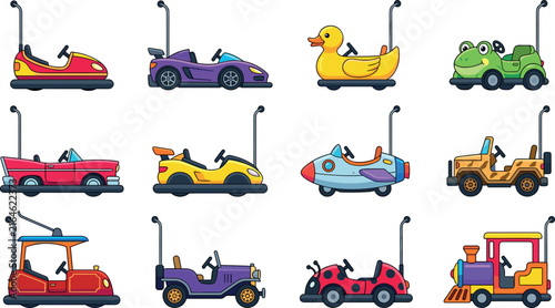 Amusement Park Bumper Cars Icon Set with Colorful Kids Ride Vehicles, Animal Shapes, Sports Cars, and Trains for Theme Park Designs
