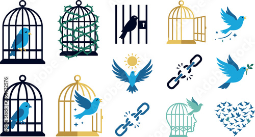 Freedom and Captivity Vector Icon Set with Caged Birds Broken Chains Open Gold Cages and Flying Doves for Conceptual Mental Health and Human Rights Designs