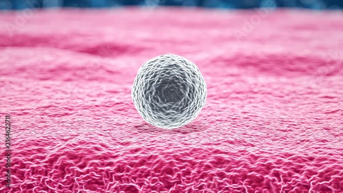 One spherical immune cell slowly moving toward and gently contacting a stable healthy tissue surface