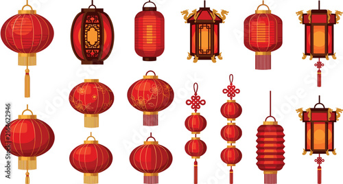 Chinese New Year Red Lantern Vector Icon Set Featuring Traditional Paper Hanging Ornaments and Decorative Lights for Lunar New Year Festivals Greetings and Spring Festival Celebrations