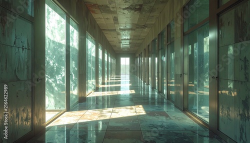 Modern Architectural Hallway with Natural Light and Reflections.
