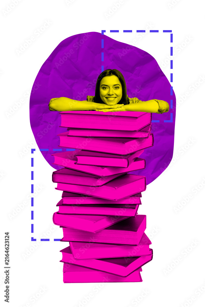 Fototapeta premium Trend image vertical photo collage of happy student girl peek book stack education concept reader hobby bookworm magazine