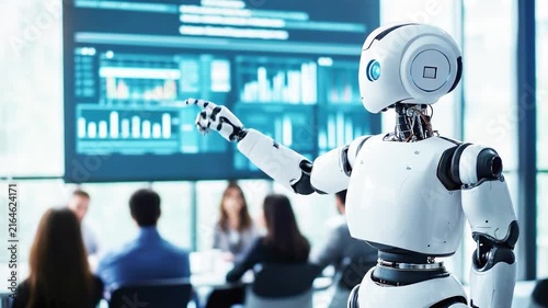 White robot presenting financial charts and data on large screen to corporate audience. AI in business, data analysis, corporate training, future technology concept