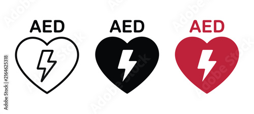 AED heart icon with lightning bolt symbol for defibrillator and emergency medical care, cardiac resuscitation, first aid, and healthcare safety