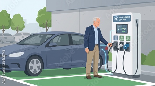Older driver choosing a public EV charging connector diagram