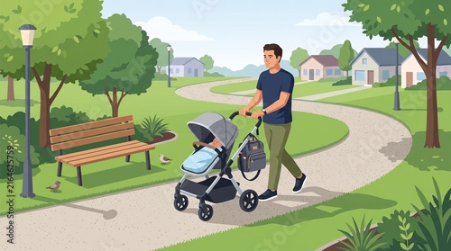 Isometric father pushing stroller on a neighborhood park path
