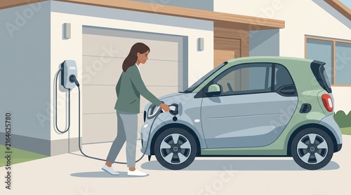 Woman charging an electric car at a home driveway wall station