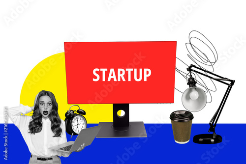 Obraz na płótnie Composite art 3d creative image collage of shocked girl inexperienced startup ne