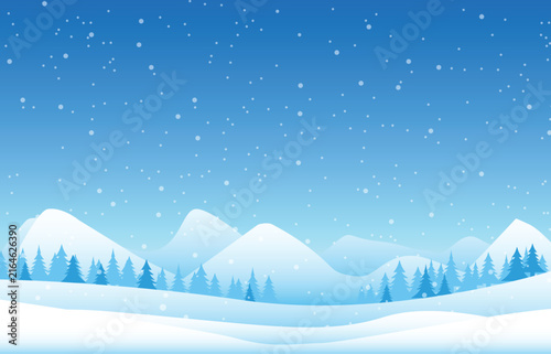 Winter Snowy Mountain Landscape, Snowflakes and Winter background