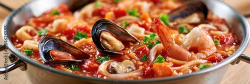 Obraz  z motywem Delicious Seafood Paella with Shrimp, Mussels, and Calamari in a Stainless Steel Pan