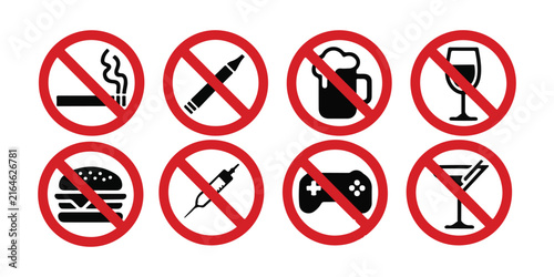 Foto Prohibited signs collection with red circle and diagonal line for warning