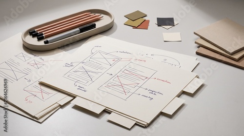 Annotated concept still life on a studio table after review