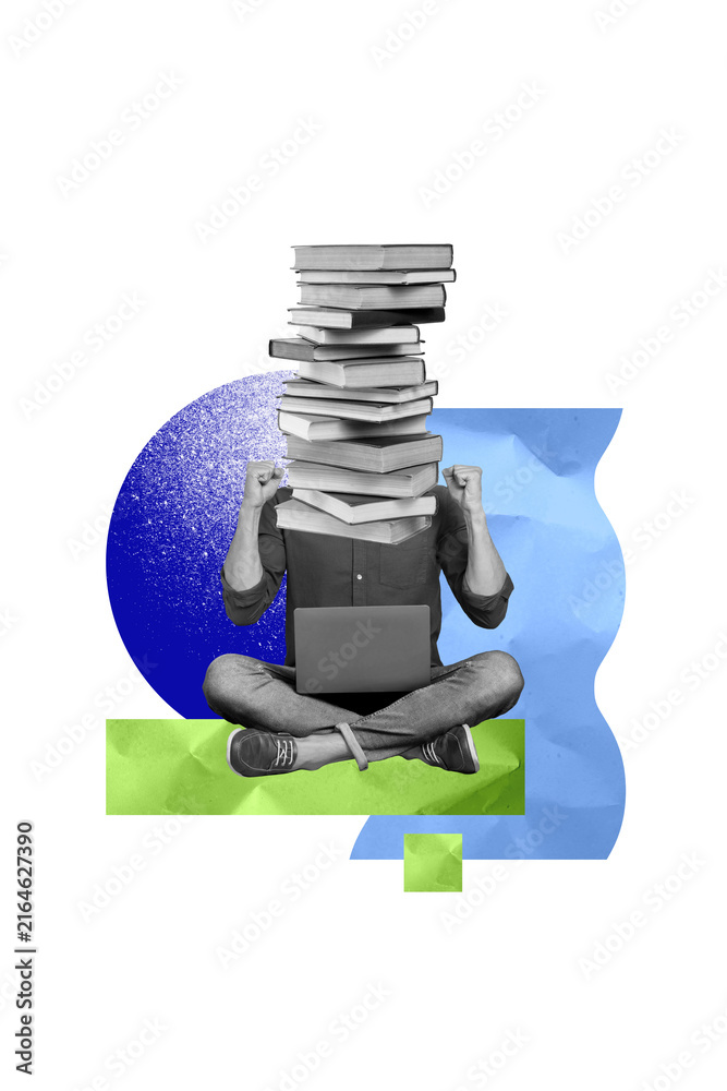 Fototapeta premium Vertical sketch 3d artwork collage poster of headless man book education stack cyber digital code surf laptop elearn concept arrow