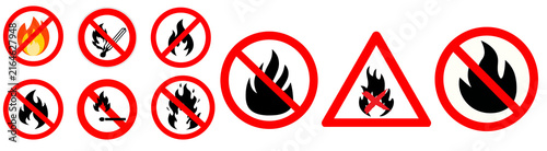 Fire Prohibition and No Open Flame Safety Signs Collection, Red Restricted Fire Symbols on Transparent Background