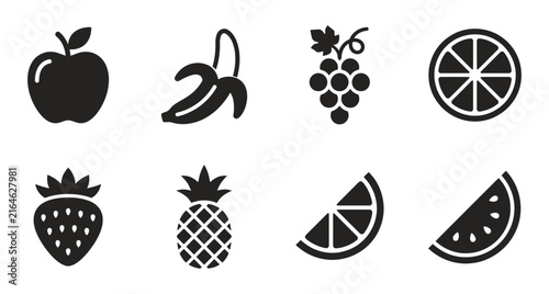 Set of black flat fruit vector icons featuring apple banana grapes orange pineapple strawberry and watermelon slices